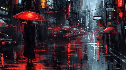 Person Walking Down Street With Umbrella in Rainy Cyberpunk Cityscape Generative AI