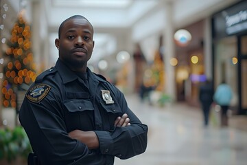 A black security guard stands by watching over shopping malls professionally. Concept Security Guard, Shopping Malls, Professionalism, Black Community, Surveillance
