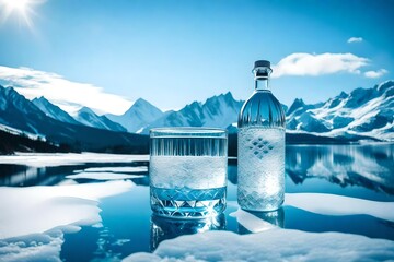 Water gently pouring into a glass from a sleek bottle, with the serene beauty of snow-covered mountains providing a stunning backdrop, offering a moment of calm and refreshment amidst nature's splendo - obrazy, fototapety, plakaty