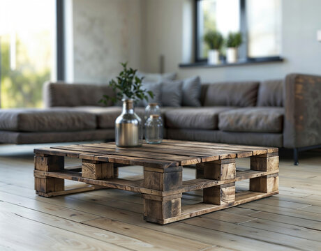 Wooden pallet on the floor in the modern living room with blurred background. High quality photo