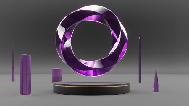 3d render of purple and black podium with circle ring shape long thin objects on the side grey back 4k