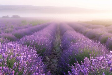 A tranquil early morning view of sprawling lavender fields under a soft, purple-tinted mist, with distant rolling hills and emerging sunlight.
