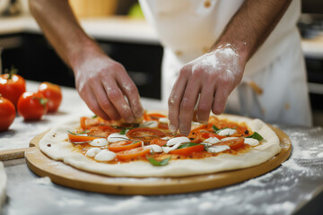 Obraz na płótnie Canvas Male chef preparing pizza in the kitchen, close up of hands
