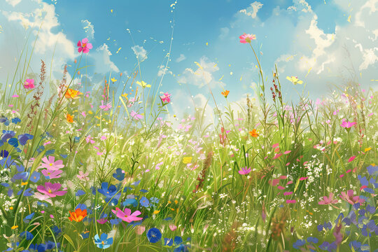 A vibrant summer meadow bursting with wildflowers and grasses under a clear blue sky, invoking a sense of joyful abundance.