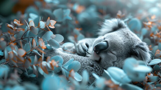  A clearer image of a koala asleep among blue and orange blossoms, with its eyes shut