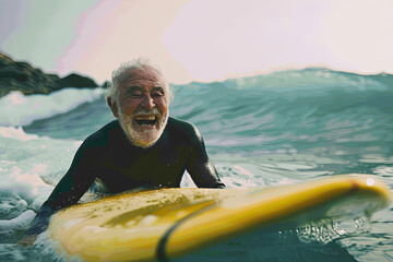 A senior man in a wetsuit laughs heartily while lying on a surfboard, embodying the joy of surfing later in life.