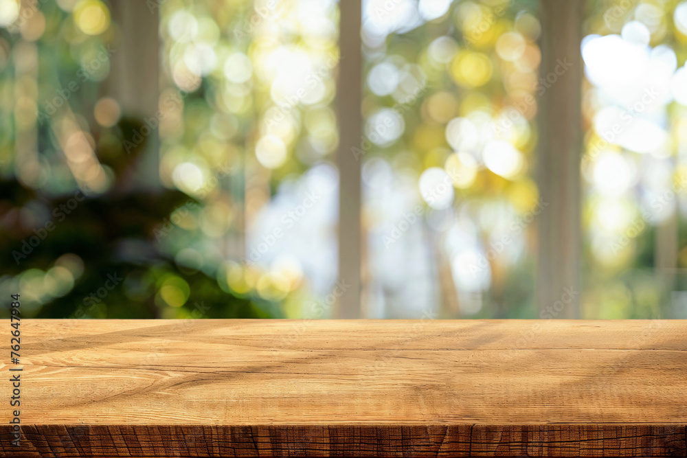 Aufkleber wooden tabletop with bokeh light effect through windows in a natural sunlight background. high quali