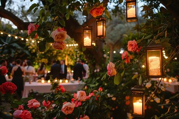 The enchanting allure of a lantern-lit evening among roses sets the stage for an elegant soiree, with the vibrant life of the party gently blurred in the background.