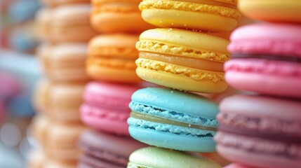 A vibrant selection of assorted macarons arranged neatly, showcasing a variety of soft pastel...