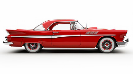The photograph showcases a vintage red coupe with chrome accents, meticulously parked in a neutral studio environment on white background