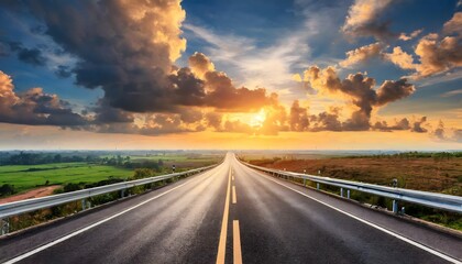 Empty highway road leading to horizone morning sunrise pleasent atmosphere 