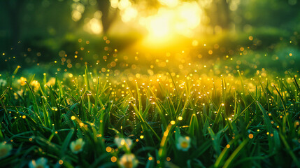 Morning Dew on Green Grass: A Close-Up View of Natures Beauty, Highlighting Freshness and Renewal