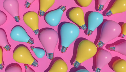 many light bulbs multi-colored blue pink yellow on a pink background hard shadows 3 d render