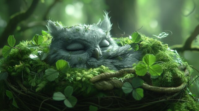  A bird naps atop a green-leafed nest amidst an ivy-filled forest