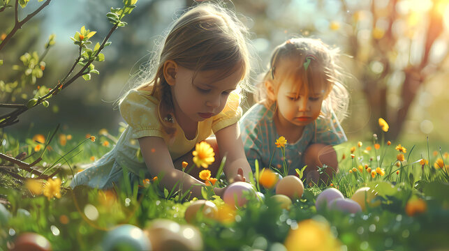 Children are looking for Easter eggs in the park