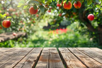 Empty wooden tabletop against apple orchard with ripe red fruits