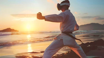 Fototapeten Martial Arts Athlete Utilizes Virtual Reality Gear for Beach Training During Golden Hour © Thanaphon