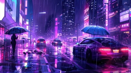Traffic Congestion Under Umbrellas in a Rainy Cyberpunk City. Generative AI