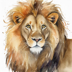 Watercolor illustration of lion on white background. Wild animal. Hand drawn art.