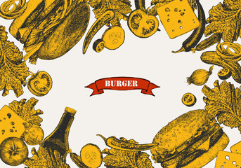 	
Burger Menu. Hand-drawn illustration of dishes and products. Ink. Vector	
