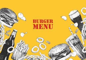Burger Menu. Hand-drawn illustration of dishes and products. Ink. Vector	 - 762648740