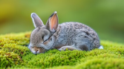 Fototapeta premium A rabbit asleep on green moss with eyes shut and head on ground