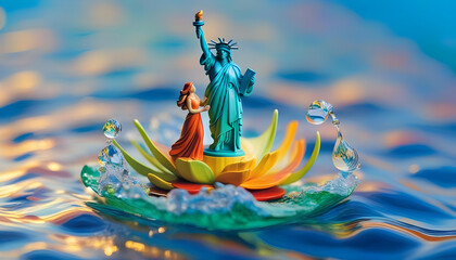 A close-up photo of a water droplet with a miniature statue of liberty inside, with a blue ocean background - obrazy, fototapety, plakaty