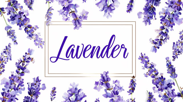 Illustration of the inscription "Lavender" in a gold frame on a white background and lavender flowers around.