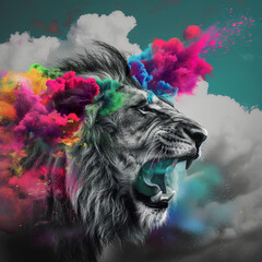 CREATE AND REALISTIC IMAGE OF A SCATCHED LION IN BLACK AND WHITE WITH A BLACK CROWN WITH ITS MOUTH OPEN WITH A CLOUD MULTICOLORED THAT A TEAL FUSCHIA PINK AND LIME GREEN