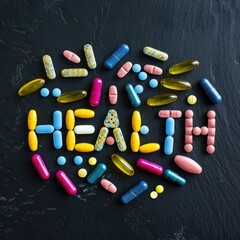 Overhead shot of bright pills and capsules neatly aligned, spelling HEALTH, shows the significance of medication