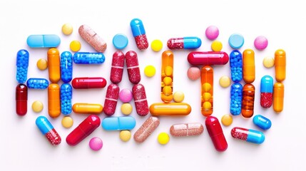 A vibrant collection of various pills and capsules arranged to form the word 'HEALTH' on a white...