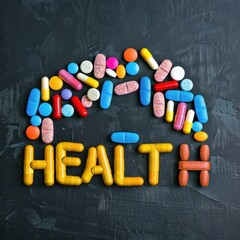 Assorted pharmaceutical pills and capsules arranged to spell the word 'HEALTH' on a dark surface