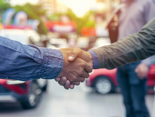 Customer shake hand with auto insurance agents after agreeing to terms of insurance with blurred car on background  - obrazy, fototapety, plakaty