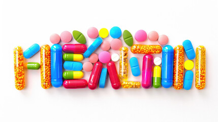 Assorted capsules and pills in vibrant colors forming the word HELP against a clean background