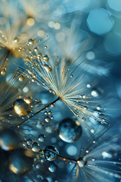 Dandelion with water drops close-up. Nature background ,Dandelion Seeds in droplets of water on blue and turquoise beautiful background with soft focus in nature macro. Drops of dew sparkle on dandel
