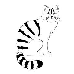 Striped cat sketch. Black white cat line silhouette. Design for children, print, nursery design, clothes. Cute funny linear character. Kitten pet Hand drawn vector illustration in doodle style.