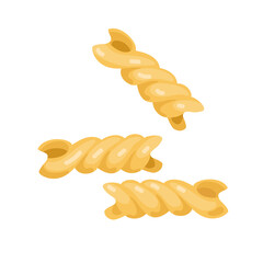 Fusilli pasta, Spiral pasta in flat style isolated on white background. Carbohydrate diet. Nutrient complex diet vector illustration. Traditional Italian Food for Restaurant Menu, shop, packaging.