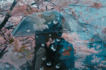 close up a couple sharing an umbrella on a rainy day, blooming cherry trees in background pastels and reflective wet surfaces