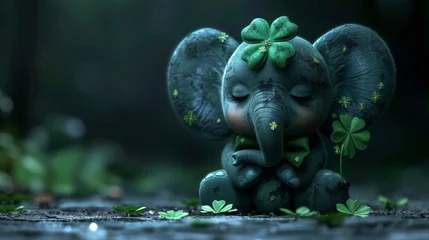 Poster  A majestic elephant statue, adorned with a vibrant green ribbon on its noble head, peacefully rests on the earth with serene eyes shut © Janis