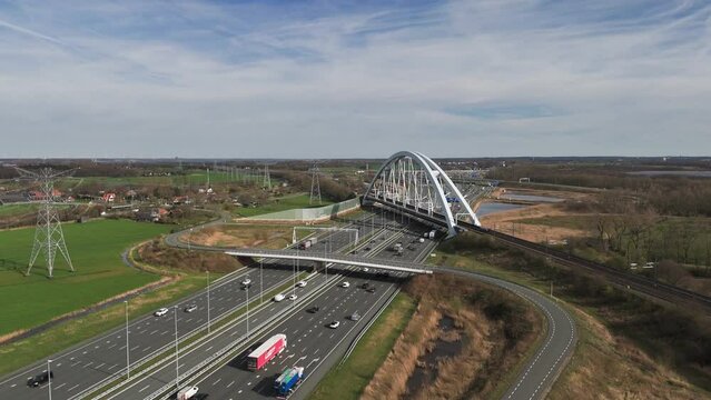 Highway Perspectives: Aerial View of A1 Highway with Zandhazenbrug (Railway Bridge) in the Netherlands