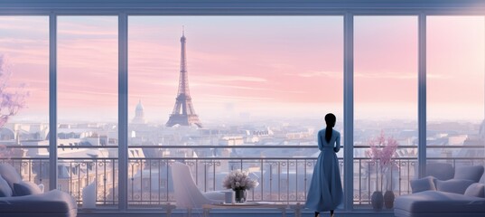 Girl smiling happily and drinking a cup of coffee on the balcony, Paris tower in the window, trip...