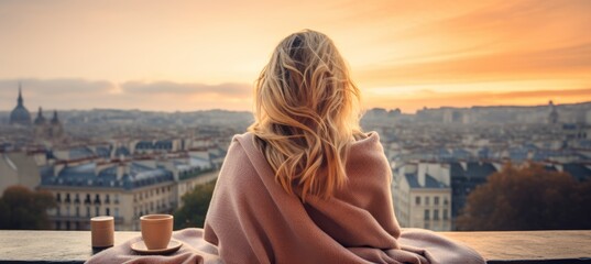 Girl smiling happily and drinking a cup of coffee on the balcony, Paris tower in the window, trip to Paris - obrazy, fototapety, plakaty