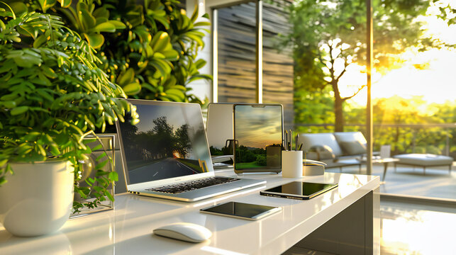 Modern Remote Office: Laptop on a Table with Greenery, Blending Technology and Nature in Work Lifestyle