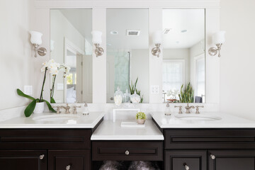 A bathroom with a dark wood vanity, decorations on the white granite countertop, and lights mounted aside the mirror looking at the shower.