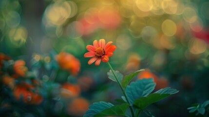 A tranquil garden scene with a shallow depth of field, highlighting a single vibrant flower amidst blurred foliage.