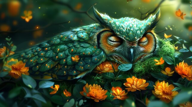  A painting of an owl perched atop a tree branch, encircled by leaves and vibrant orange blossoms against a lush green backdrop