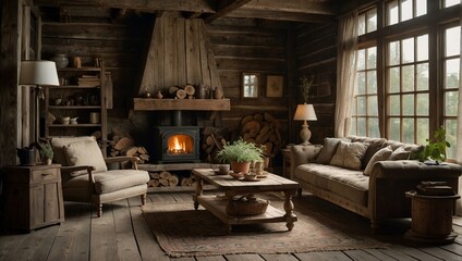 Charming rustic log cabin interior with warm fireplace, comfy furniture, and stacked firewood beside large windows