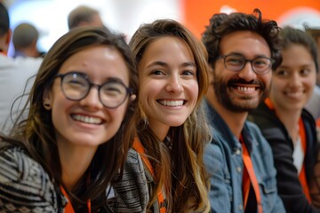 A group of participants joyfully engaged at a startup trade show. Concept Startup Event, Engaged Participants, Trade Show, Group Activity, Networking