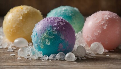 Vibrant bath bombs with sea salt crystals depict a spa-like experience and the indulgence in self-pampering routines