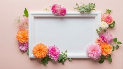 Obraz premium Assorted colorful flowers arranged around a blank white frame on a pastel pink background